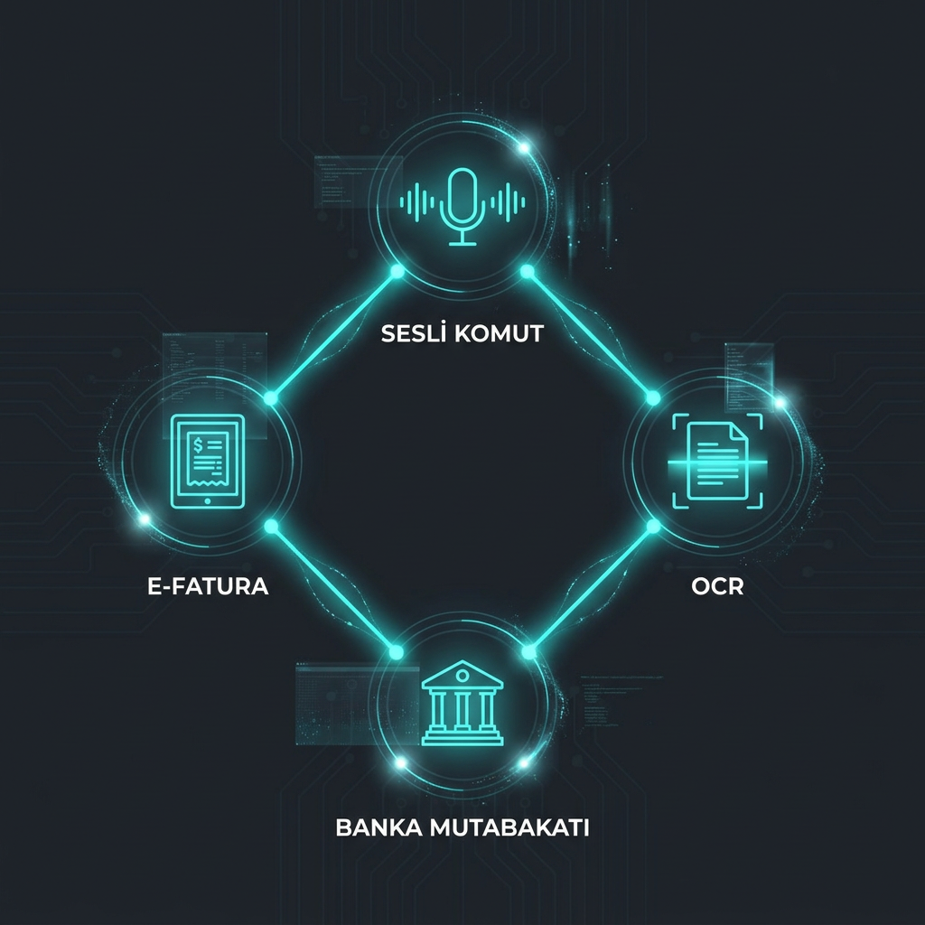 Sesli komut, OCR, banka eşleştirme ve e-fatura özelliklerini gösteren infografik